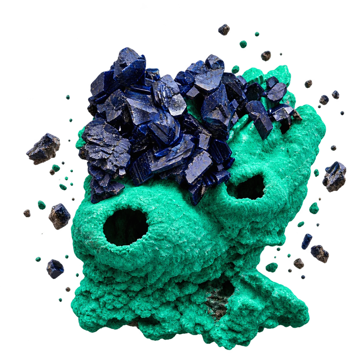 Floating Azurite and Malachite specimen with suspended particles